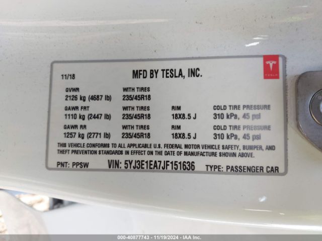 5YJ3E1EA7JF151636 Tesla Model 3 Long Range/mid Range