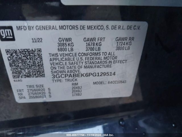 3GCPABEK6PG129514 Chevrolet Silverado 1500 2wd  Short Bed Custom
