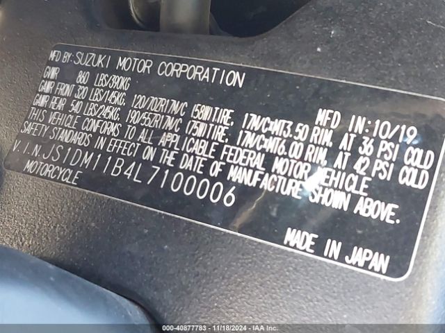 2020 SUZUKI GSX-R1000 JS1DM11B4L7100006 Photo 9