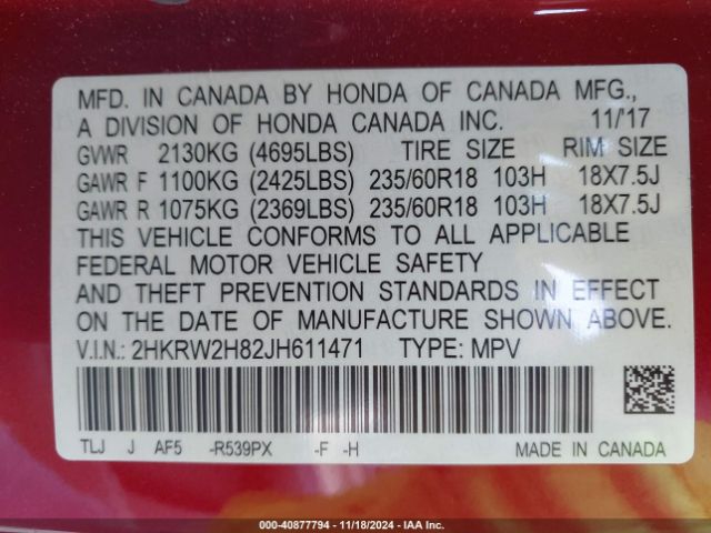2HKRW2H82JH611471 Honda Cr-v Ex-l/ex-l Navi