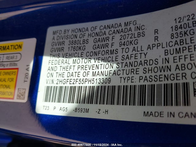 Honda Civic Sport 2023 2HGFE2F55PH513309 Image 9