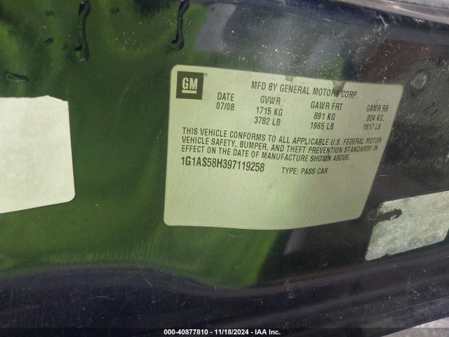 Продаж на аукціоні авто 2009 Chevrolet Cobalt Ls, vin: 1G1AS58H397119258, номер лоту: 40877810