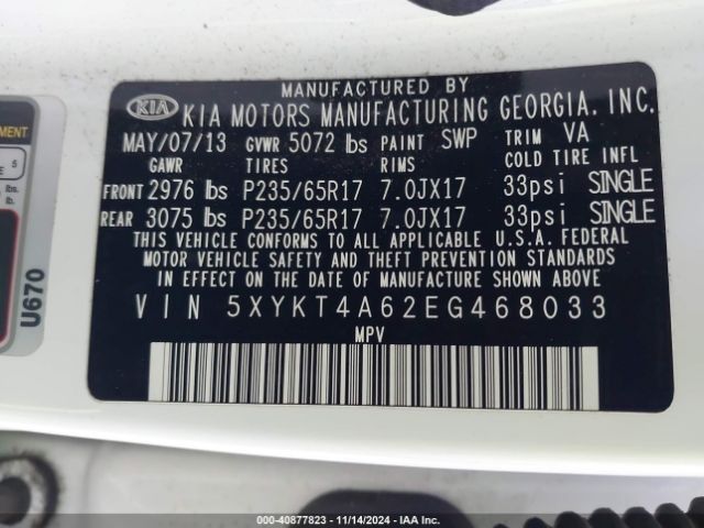 5XYKT4A62EG468033 KIA SORENTO LX