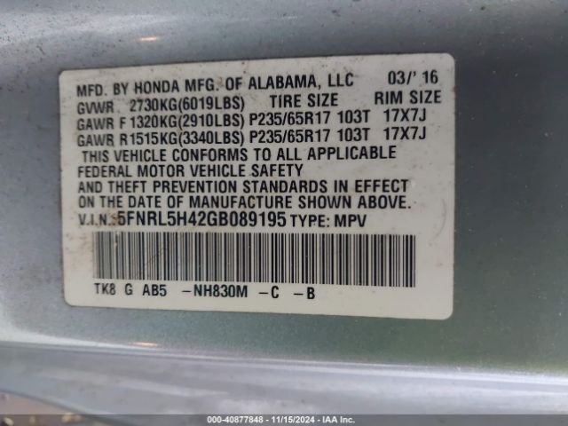 5FNRL5H42GB089195 Honda ODYSSEY EX