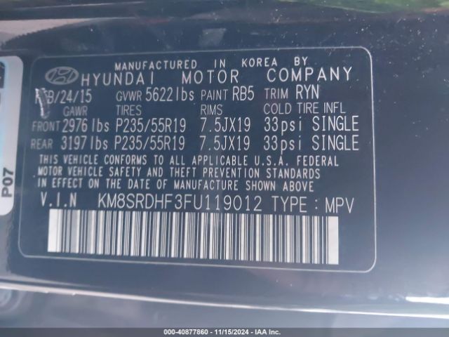 KM8SRDHF3FU119012 Hyundai Santa Fe Limited