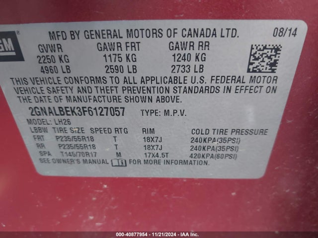 Chevrolet EQUINOX 1LT 2015 2GNALBEK3F6127057 Image 9