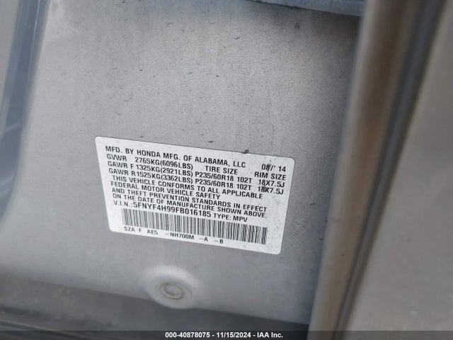Honda Pilot Touring 2015 5FNYF4H99FB016185 Image 9
