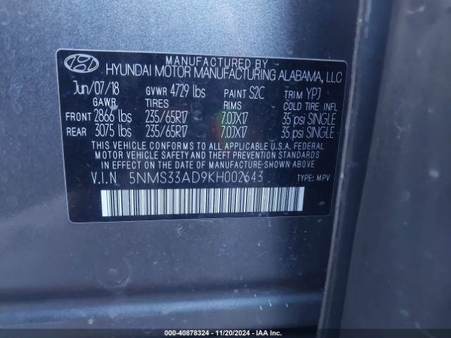 5NMS33AD9KH002643 Hyundai Santa Fe Sel