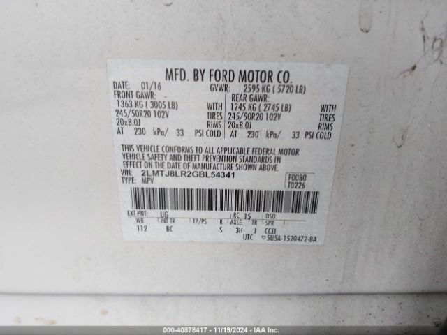 2LMTJ8LR2GBL54341 Lincoln Mkx Reserve