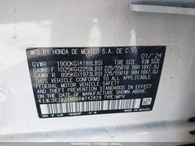 3CZRZ1H56RM742829 Honda Hr-v 2wd Sport/2wd Sport W/o Bsi