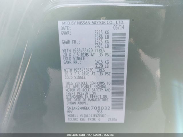 5N1AR2MM6EC708032 Nissan Pathfinder Platinum
