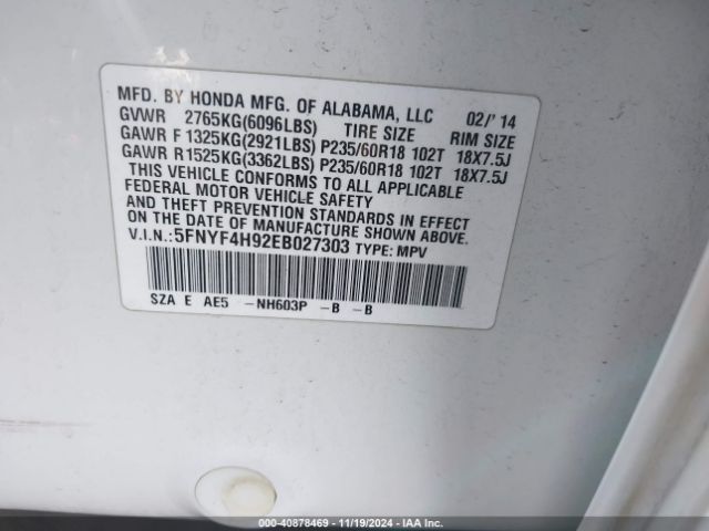 5FNYF4H92EB027303 Honda Pilot Touring