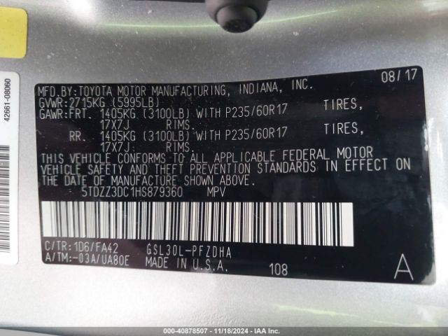 5TDZZ3DC1HS879360 Toyota Sienna L 7 Passenger