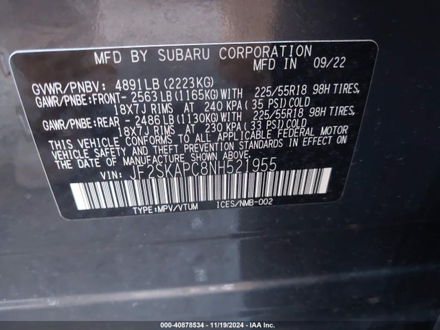 JF2SKAPC8NH521955 Subaru Forester Limited