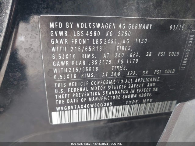 WVGBV7AX4GW600389 Volkswagen TIGUAN S
