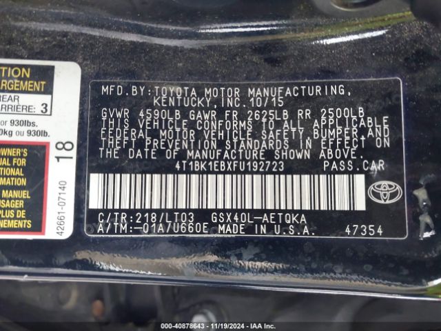 4T1BK1EBXFU192723 Toyota Avalon Xle Touring