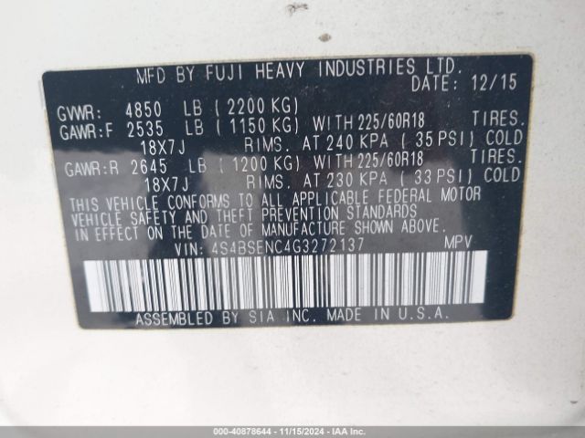 4S4BSENC4G3272137 Subaru Outback 3.6r Limited