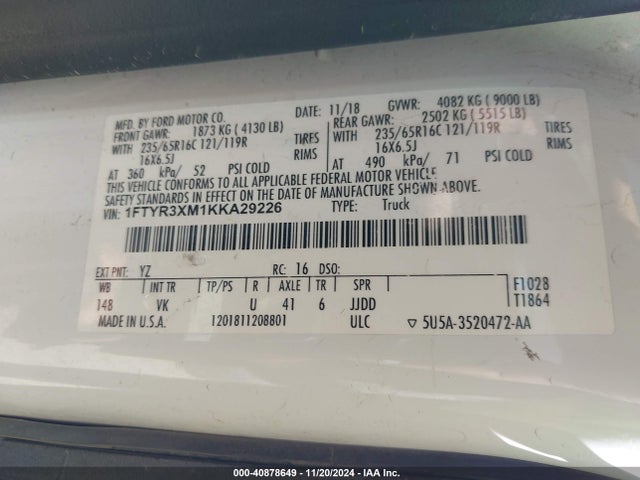 1FTYR3XM1KKA29226 Ford 2019