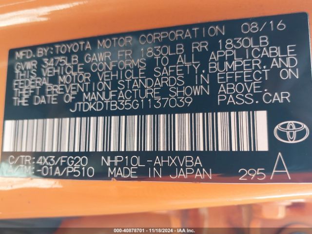 JTDKDTB35G1137039 Toyota Prius C Two
