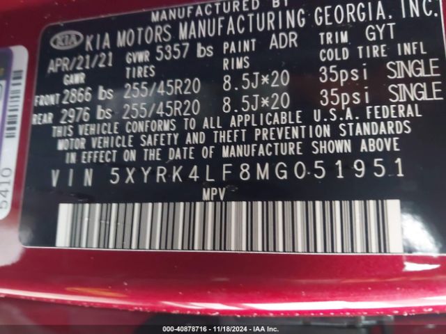 5XYRK4LF8MG051951 KIA Sorento Sx Prestige