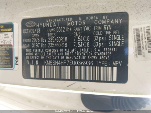 KM8SN4HF7EU036936 Hyundai Santa Fe Limited
