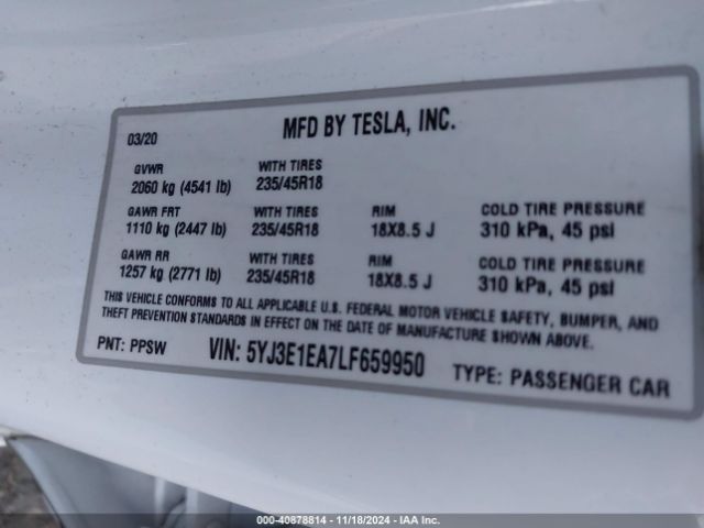 5YJ3E1EA7LF659950 Tesla Model 3 Standard Range Plus Rear-wheel Drive/standard Range Rear-wheel Drive