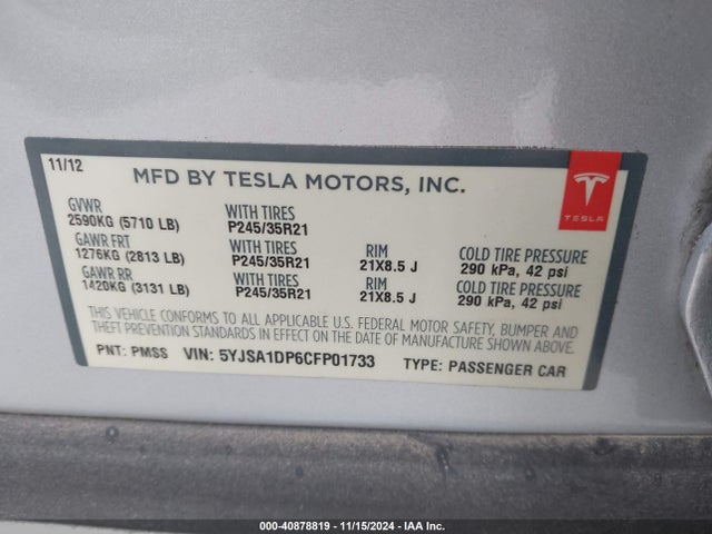 2012 TESLA MODEL S 5YJSA1DP6CFP01733 Photo 8