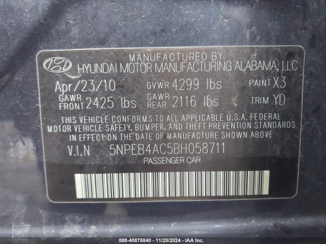40878840 :رقم المزاد ، 5NPEB4AC5BH058711 vin ، 2011 Hyundai Sonata Gls مزاد بيع