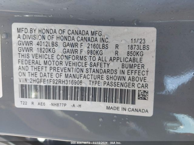 2HGFE1F92RH316906 Honda Civic Touring