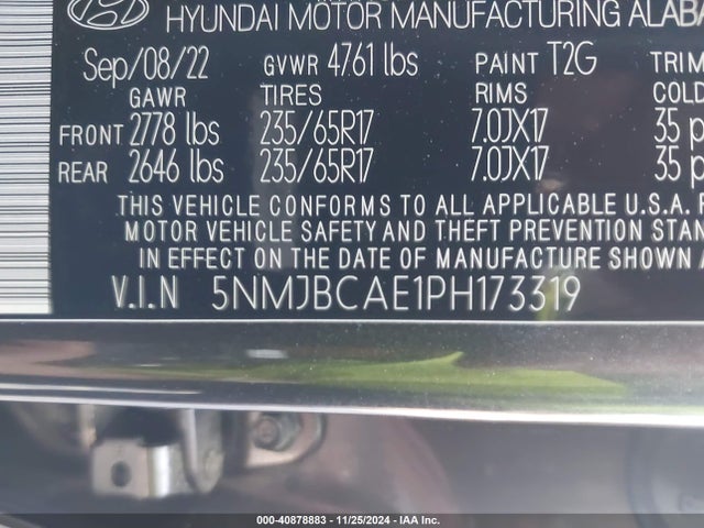 5NMJBCAE1PH173319 Hyundai TUCSON SEL