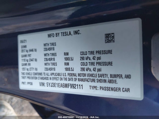 2021 TESLA MODEL 3 5YJ3E1EA6MF992111 Photo 8