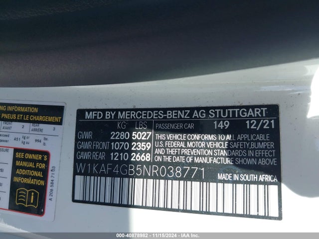 W1KAF4GB5NR038771 Mercedes-Benz C 300 Sedan