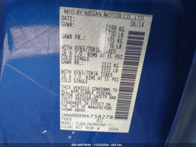 1N6AD0ER9EN758278 Nissan Frontier Sv