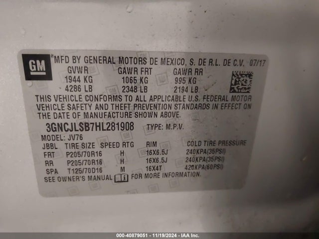 Chevrolet Trax Lt 2017 3GNCJLSB7HL281908 Image 9