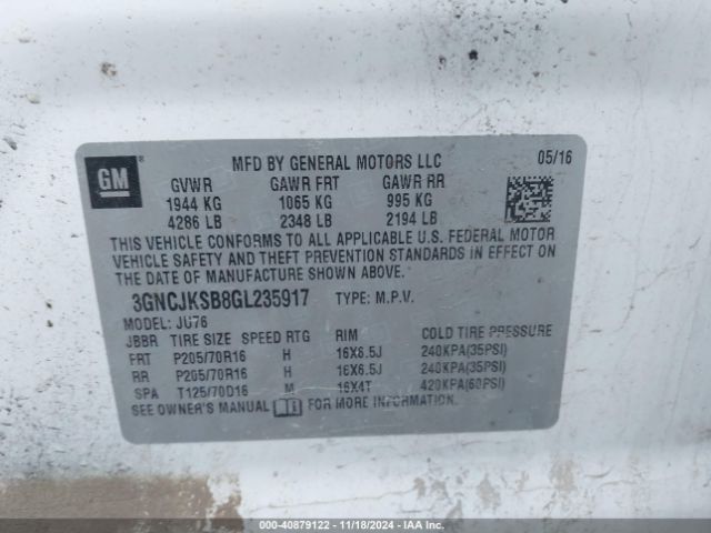 3GNCJKSB8GL235917 Chevrolet Trax 1ls