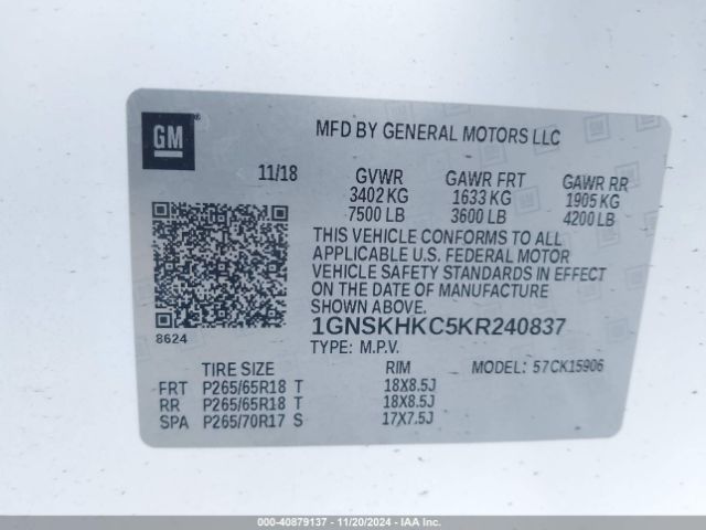1GNSKHKC5KR240837 Chevrolet Suburban Lt