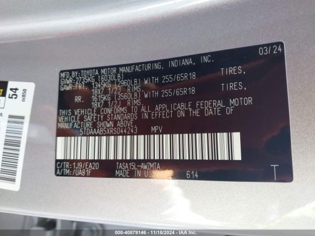 5TDAAAB5XRS044243 Toyota Grand Highlander Xle