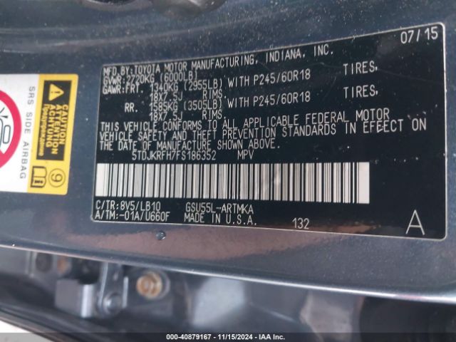 5TDJKRFH7FS186352 Toyota Highlander Xle V6