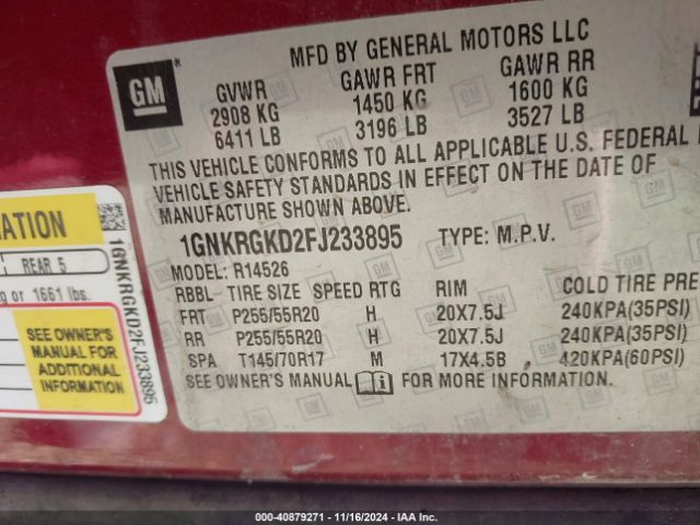 1GNKRGKD2FJ233895 Chevrolet Traverse 1lt