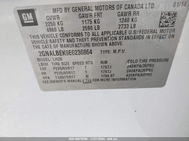 Chevrolet EQUINOX 1LT 2014 2GNALBEK9E6236864 Image 9