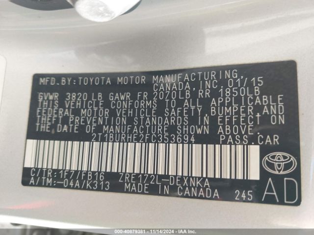 2T1BURHE2FC353694 Toyota Corolla L/le/le Pls/prm/s/s Pls