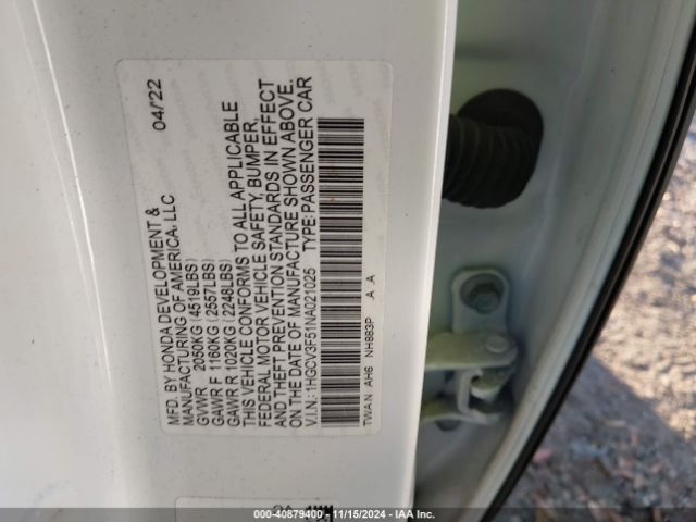 1HGCV3F51NA021025 Honda Accord Hybrid Ex-l