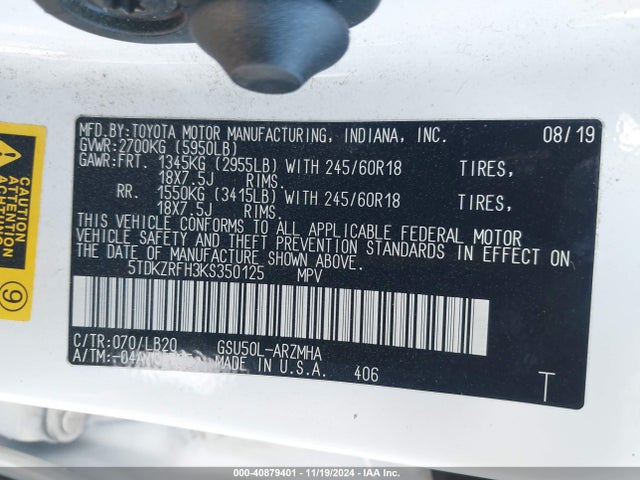 Toyota Highlander Xle 2019 5TDKZRFH3KS350125 Image 9