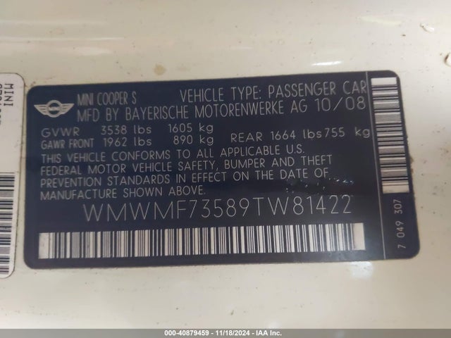 2009 MINI COOPER S WMWMF73589TW81422 Photo 8