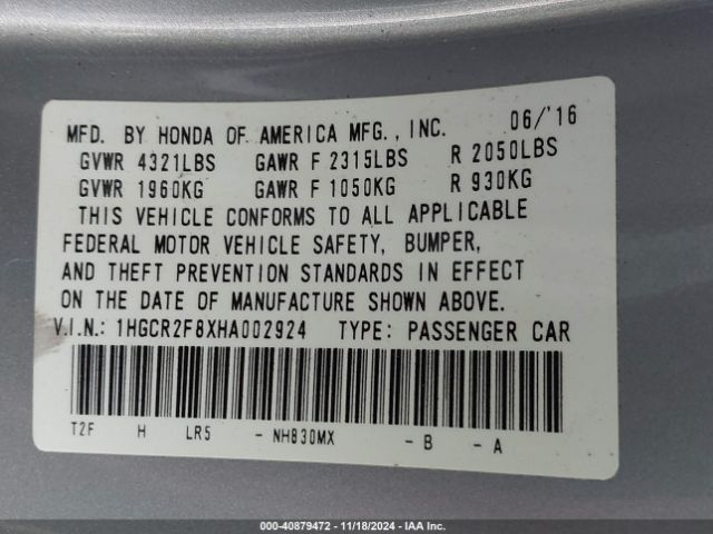 1HGCR2F8XHA002924 Honda Accord Ex-l