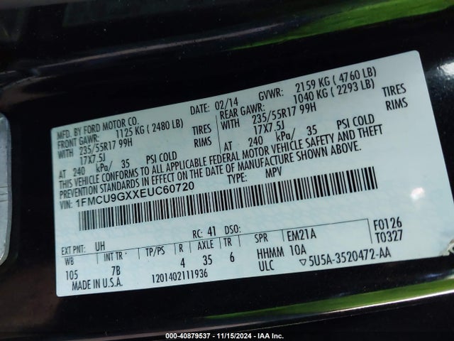 Ford ESCAPE SE 2014 1FMCU9GXXEUC60720 Image 9