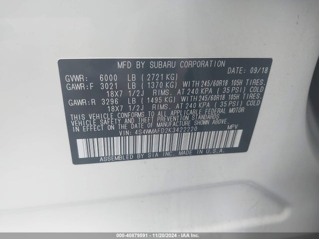 4S4WMAFD2K3422220 Subaru Ascent Premium