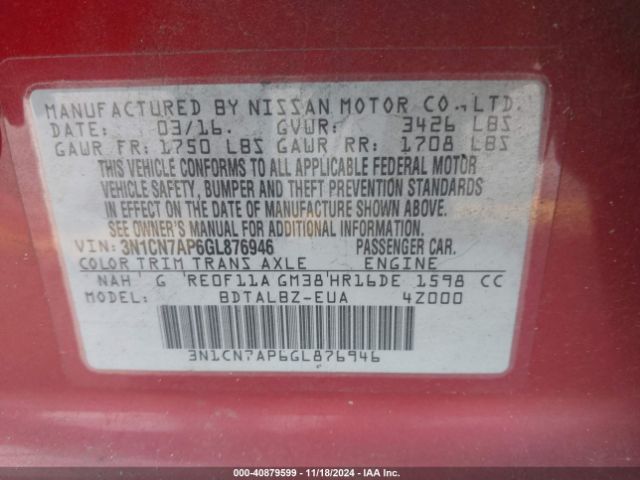 3N1CN7AP6GL876946 Nissan Versa 1.6 S/1.6 S+/1.6 Sl/1.6 Sv
