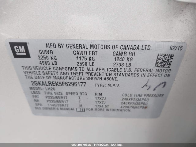 GMC Terrain Sle-2 2015 2GKALREK5F6296177 Image 9