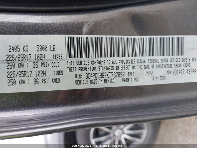 Aukcja sprzedaży 2019 Dodge Journey Se, vin: 3C4PDCBB7KT737897, numer aukcji: 40879675
